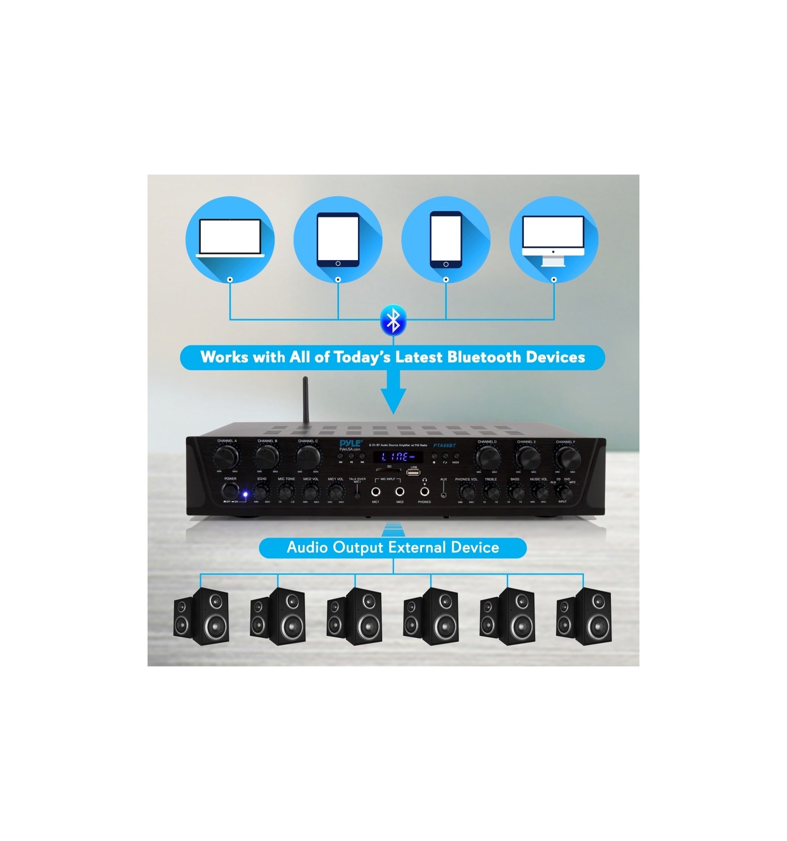 PYLE PTA66BT Amplificador Bluetooth 6 Canales 600W Distribuciones Calver
